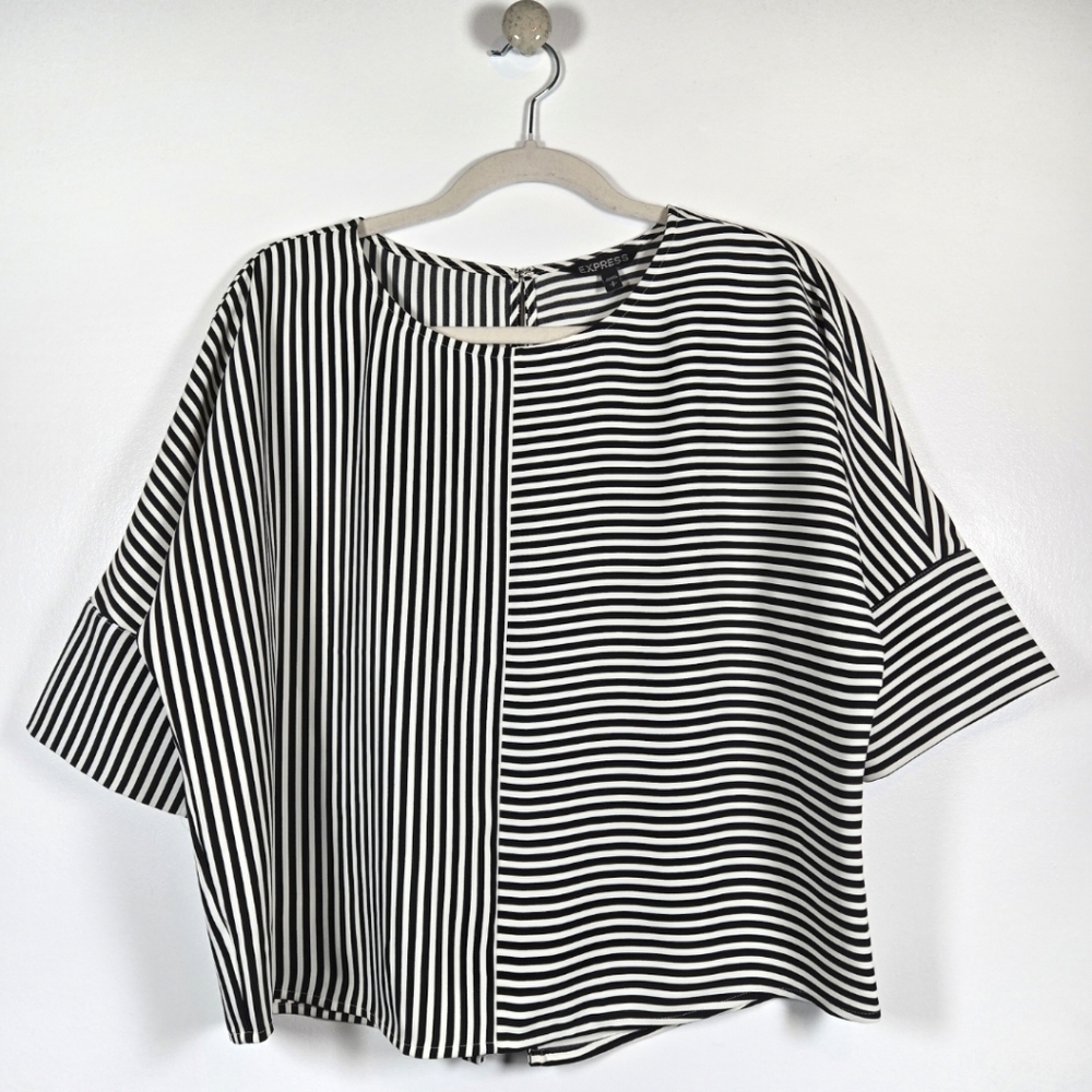 Express Black White Stripe Dolman 3/4 Sleeve Oversized Boxy Blouse Top Small